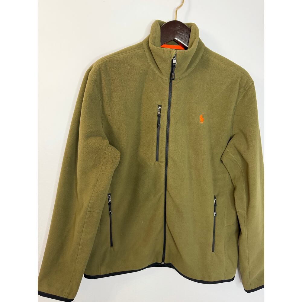 Polo Ralph Lauren Performance Olive Green Fleece Jacket Zip Orange Pony Men's M - Picture 8 of 10
